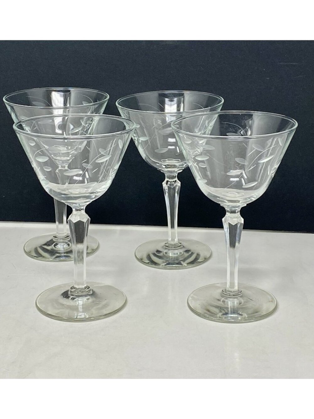 Set Of 4 Vintage MCM Libbey Etched Windswept Coupe Martini Sherbet Glasses 6”